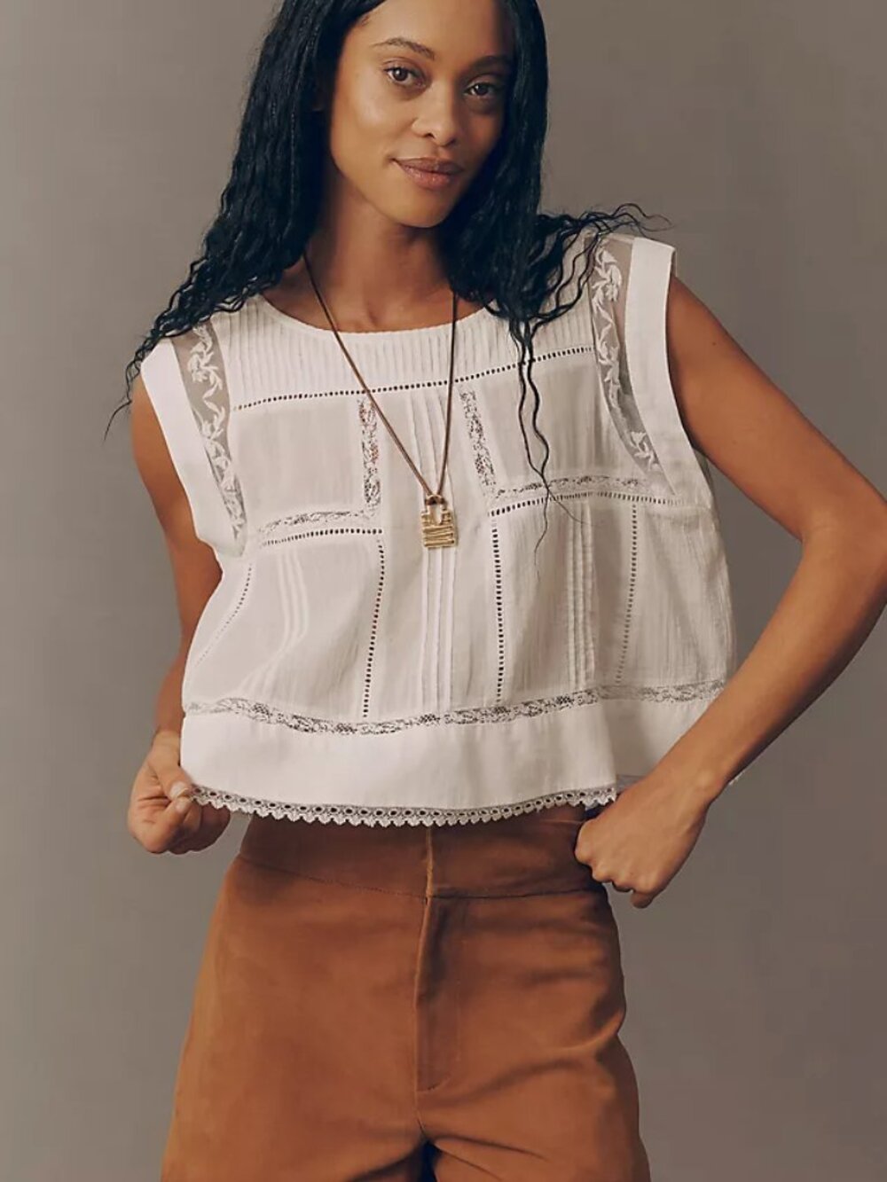 Anthropologie White Lace-Trim Sleeveless Boxy Pintuck Blouse Top XXS
